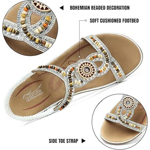 Women’s Boho Flat Sandals Beaded Elastic Strap Summer Dressy Casual Sz 8 - Picture 3 of 12